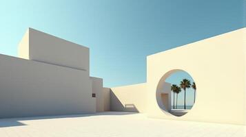 Minimalist Architectural Scene Under a Clear Blue Sky, Featuring Geometric Buildings With Shades of Beige and Palm Tree Creating Serene and Timeless Atmosphere photo