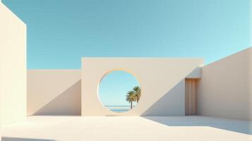 Minimalist Architectural Scene Under a Clear Blue Sky, Featuring Geometric Buildings With Shades of Beige and Palm Tree Creating Serene and Timeless Atmosphere photo