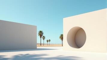 Minimalist Architectural Scene Under a Clear Blue Sky, Featuring Geometric Buildings With Shades of Beige and Palm Tree Creating Serene and Timeless Atmosphere photo