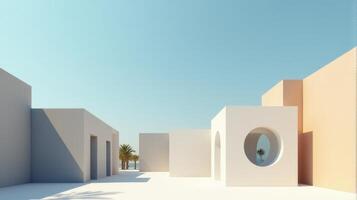 Minimalist Architectural Scene Under a Clear Blue Sky, Featuring Geometric Buildings With Shades of Beige and Palm Tree Creating Serene and Timeless Atmosphere photo