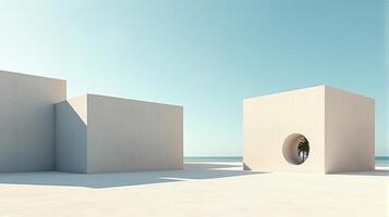 Minimalist Architectural Scene Under a Clear Blue Sky, Featuring Geometric Buildings With Shades of Beige and Palm Tree Creating Serene and Timeless Atmosphere photo