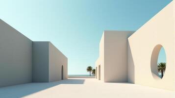 Minimalist Architectural Scene Under a Clear Blue Sky, Featuring Geometric Buildings With Shades of Beige and Palm Tree Creating Serene and Timeless Atmosphere photo