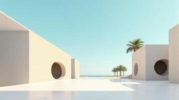 Minimalist Architectural Scene Under a Clear Blue Sky, Featuring Geometric Buildings With Shades of Beige and Palm Tree Creating Serene and Timeless Atmosphere photo