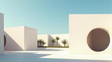 Minimalist Architectural Scene Under a Clear Blue Sky, Featuring Geometric Buildings With Shades of Beige and Palm Tree Creating Serene and Timeless Atmosphere photo