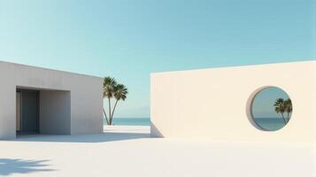 Minimalist Architectural Scene Under a Clear Blue Sky, Featuring Geometric Buildings With Shades of Beige and Palm Tree Creating Serene and Timeless Atmosphere photo