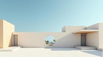 Minimalist Architectural Scene Under a Clear Blue Sky, Featuring Geometric Buildings With Shades of Beige and Palm Tree Creating Serene and Timeless Atmosphere photo