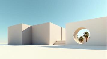 Minimalist Architectural Scene Under a Clear Blue Sky, Featuring Geometric Buildings With Shades of Beige and Palm Tree Creating Serene and Timeless Atmosphere photo