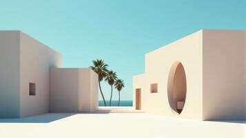Minimalist Architectural Scene Under a Clear Blue Sky, Featuring Geometric Buildings With Shades of Beige and Palm Tree Creating Serene and Timeless Atmosphere photo