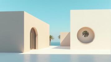 Minimalist Architectural Scene Under a Clear Blue Sky, Featuring Geometric Buildings With Shades of Beige and Palm Tree Creating Serene and Timeless Atmosphere photo