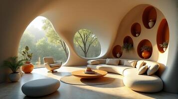 Interior Space Integrating Organic and Fluid Forms Into a Functional Living Area With a Color Palette That Evokes a Warm Natural and Serene Atmosphere photo