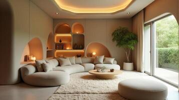 Interior Space Integrating Organic and Fluid Forms Into a Functional Living Area With a Color Palette That Evokes a Warm Natural and Serene Atmosphere photo