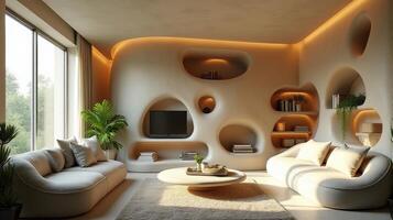 Interior Space Integrating Organic and Fluid Forms Into a Functional Living Area With a Color Palette That Evokes a Warm Natural and Serene Atmosphere photo