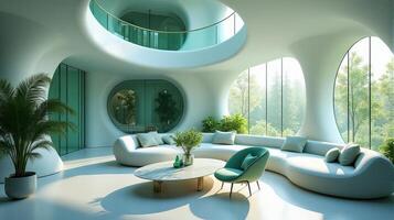 Interior Space Integrating Organic and Fluid Forms Into a Functional Living Area With a Color Palette That Evokes a Cool Toned Natural and Serene Atmosphere photo