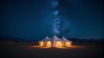 Serene Desert Night Scene Featuring a Cluster of Traditional White Tents Under a Breathtaking Milky Way Galaxy photo