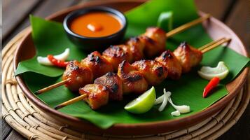 Traditional Indonesian Satay Dish, Featuring Skewered and Grilled Meat Served on a Banana Leaf, Accompanied by a Side of Peanut Sauce for Dipping and Some Garnish photo