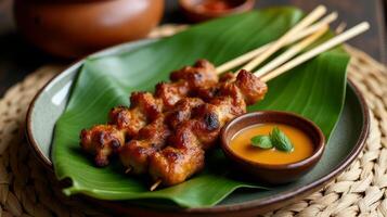 Traditional Indonesian Satay Dish, Featuring Skewered and Grilled Meat Served on a Banana Leaf, Accompanied by a Side of Peanut Sauce for Dipping and Some Garnish photo