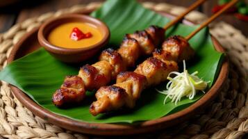 Traditional Indonesian Satay Dish, Featuring Skewered and Grilled Meat Served on a Banana Leaf, Accompanied by a Side of Peanut Sauce for Dipping and Some Garnish photo