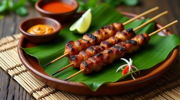Traditional Indonesian Satay Dish, Featuring Skewered and Grilled Meat Served on a Banana Leaf, Accompanied by a Side of Peanut Sauce for Dipping and Some Garnish photo