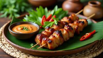 Traditional Indonesian Satay Dish, Featuring Skewered and Grilled Meat Served on a Banana Leaf, Accompanied by a Side of Peanut Sauce for Dipping and Some Garnish photo