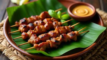 Traditional Indonesian Satay Dish, Featuring Skewered and Grilled Meat Served on a Banana Leaf, Accompanied by a Side of Peanut Sauce for Dipping and Some Garnish photo