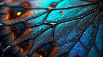 Close Up View of a Beautiful Butterfly Wing With Iridescent Colors and Delicate Textures photo