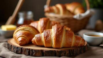 Close Up of Freshly Baked Croissants on a Wooden Cutting Board Include in the Background a Basket Containing More Croissants and a Bowl With Butter, Jar of Honey and a Cup of Espresso photo