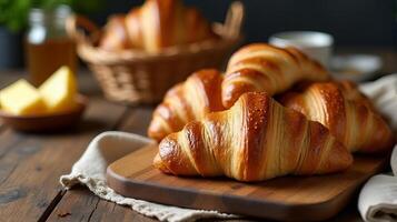 Close Up of Freshly Baked Croissants on a Wooden Cutting Board Include in the Background a Basket Containing More Croissants and a Bowl With Butter, Jar of Honey and a Cup of Espresso photo