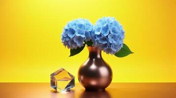 Metal Vase With Delicate Blue Hydrangeas on a Warm Yellow Background. With Transparent Crystal Beside The Vase photo