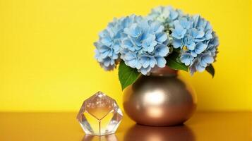 Metal Vase With Delicate Blue Hydrangeas on a Warm Yellow Background. With Transparent Crystal Beside The Vase photo