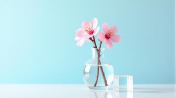 Clear Glass Vase With Delicate Pink Cherry Blossoms on a Light Blue Background. With Transparent Crystal Beside The Vase photo