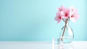 Clear Glass Vase With Delicate Pink Cherry Blossoms on a Light Blue Background. With Transparent Crystal Beside The Vase photo