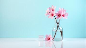 Clear Glass Vase With Delicate Pink Cherry Blossoms on a Light Blue Background. With Transparent Crystal Beside The Vase photo