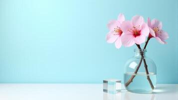 Clear Glass Vase With Delicate Pink Cherry Blossoms on a Light Blue Background. With Transparent Crystal Beside The Vase photo