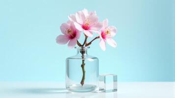 Clear Glass Vase With Delicate Pink Cherry Blossoms on a Light Blue Background. With Transparent Crystal Beside The Vase photo