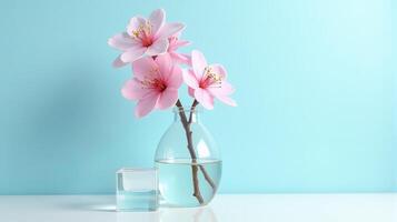 Clear Glass Vase With Delicate Pink Cherry Blossoms on a Light Blue Background. With Transparent Crystal Beside The Vase photo
