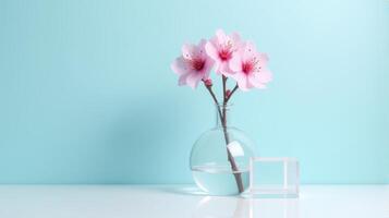 Clear Glass Vase With Delicate Pink Cherry Blossoms on a Light Blue Background. With Transparent Crystal Beside The Vase photo