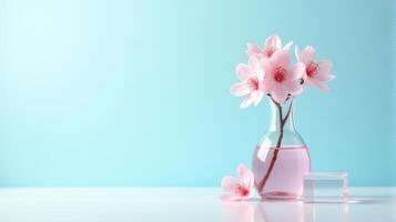 Clear Glass Vase With Delicate Pink Cherry Blossoms on a Light Blue Background. With Transparent Crystal Beside The Vase photo