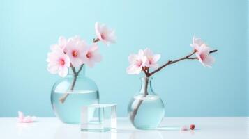 Clear Glass Vase With Delicate Pink Cherry Blossoms on a Light Blue Background. With Transparent Crystal Beside The Vase photo
