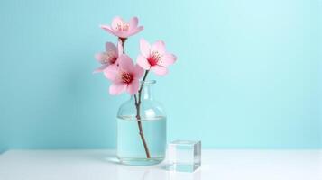 Clear Glass Vase With Delicate Pink Cherry Blossoms on a Light Blue Background. With Transparent Crystal Beside The Vase photo