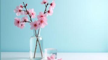 Clear Glass Vase With Delicate Pink Cherry Blossoms on a Light Blue Background. With Transparent Crystal Beside The Vase photo