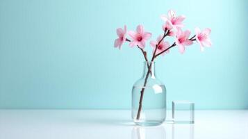 Clear Glass Vase With Delicate Pink Cherry Blossoms on a Light Blue Background. With Transparent Crystal Beside The Vase photo