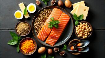 Fresh Salmon and Eggs Among Others Arrange Aesthetically on a Dark Wooden Surface With Accompanying Fresh Herbs photo