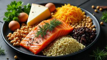 Fresh Salmon and Eggs Among Others Arrange Aesthetically on a Dark Wooden Surface With Accompanying Fresh Herbs photo