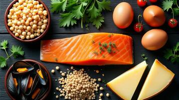 Fresh Salmon and Eggs Among Others Arrange Aesthetically on a Dark Wooden Surface With Accompanying Fresh Herbs photo