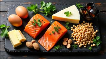 Fresh Salmon and Eggs Among Others Arrange Aesthetically on a Dark Wooden Surface With Accompanying Fresh Herbs photo