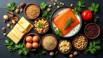Fresh Salmon and Eggs Among Others Arrange Aesthetically on a Dark Wooden Surface With Accompanying Fresh Herbs photo