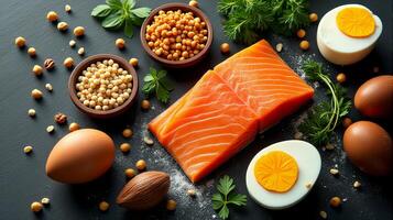 Fresh Salmon and Eggs Among Others Arrange Aesthetically on a Dark Wooden Surface With Accompanying Fresh Herbs photo