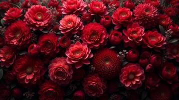 Dense Floral Arrangement of Red and Burgundy Shades Color Flowers photo