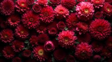 Dense Floral Arrangement of Red and Burgundy Shades Color Flowers photo