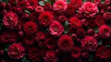 Dense Floral Arrangement of Red and Burgundy Shades Color Flowers photo